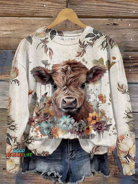 Merry Christmas Cute Highland Cow Highland Cattle Retro Art Print Casual Sweatshirt