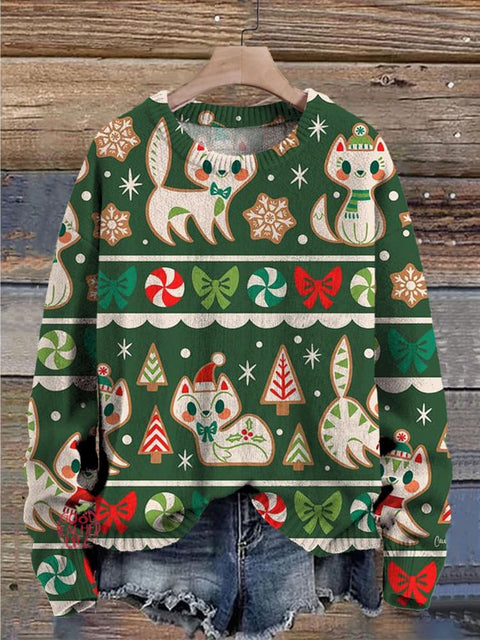 Christmas Cute Cats Decorations Art Print Casual Knit Pullover Sweater