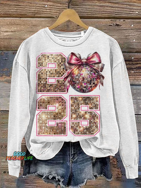 New Year 2025 Disco Ball Casual Print Sweatshirt