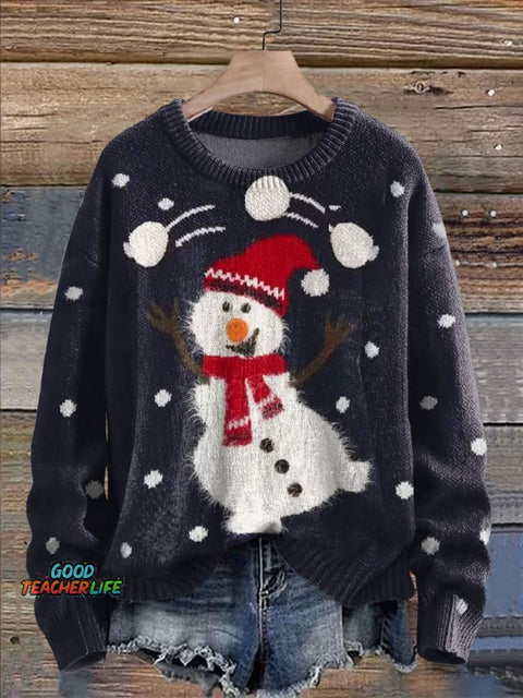 Cute Snowman Winter Print Knit Pullover Sweater