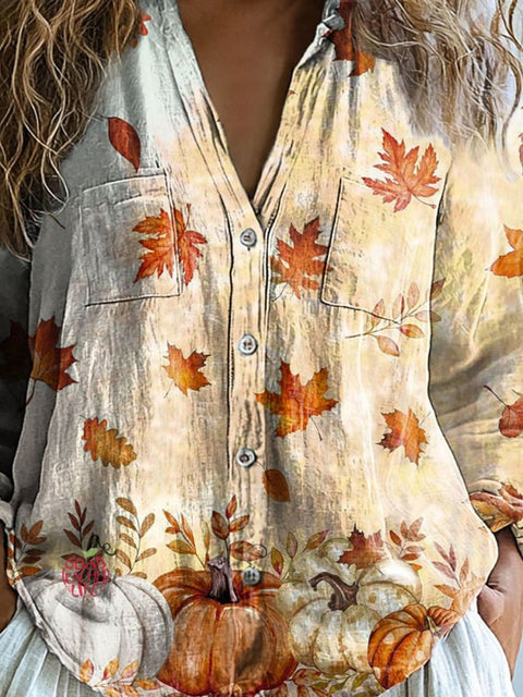 Women's Thanksgiving Pumpkin Maple Leaf Art Print Casual Long Sleeve Comfortable Cotton Shirt