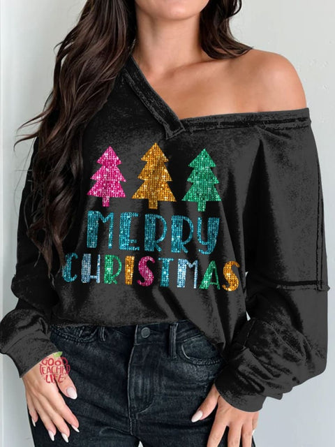 Women's Merry Christmas Print Long Sleeve V-neck Comfortable Cotton Shirt