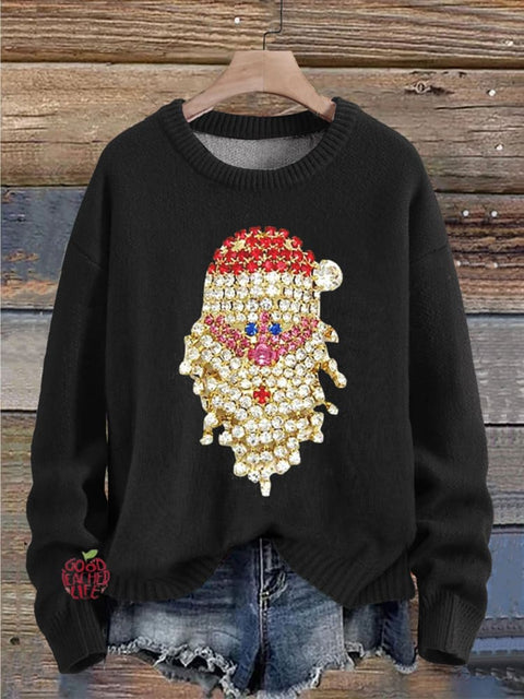 Christmas Jewelry Art Santa Claus Print Knit Pullover Sweater