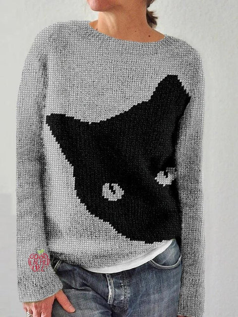 Black Cat Print Knit Pullover Sweater