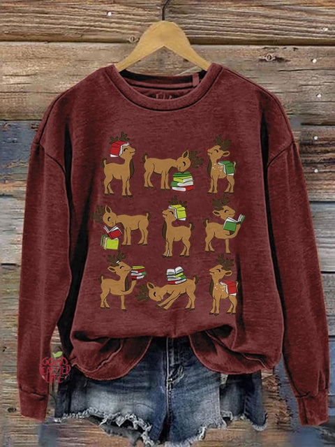 Reindeer Reading Teacher Christmas Book Lover Reading Teacher Casual Print Sweatshirt