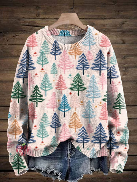 Colorful Christmas Trees Embroidery Art Print Knit Pullover Sweater