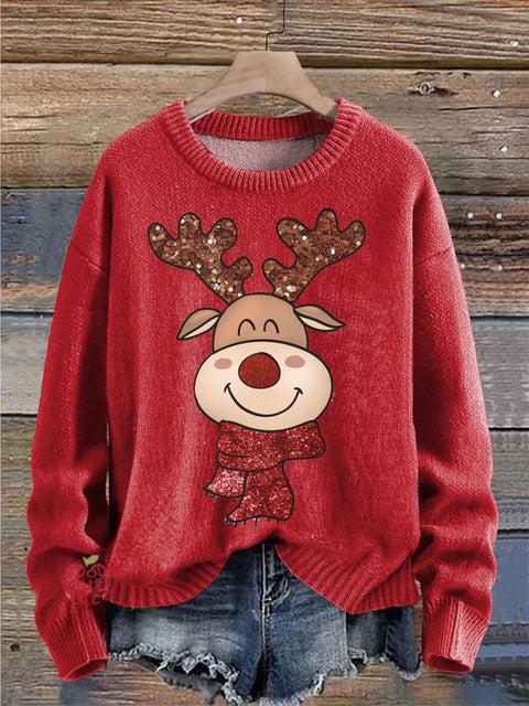 Christmas Elk Print Knit Pullover Sweater