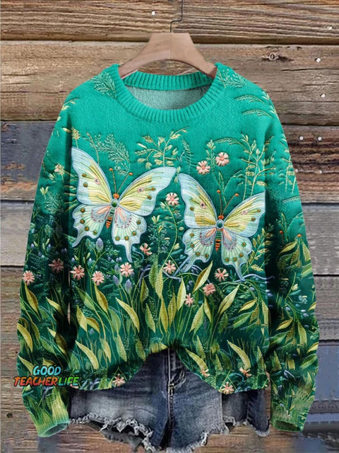 Retro Butterfly Flower Art Print Knit Pullover Sweater