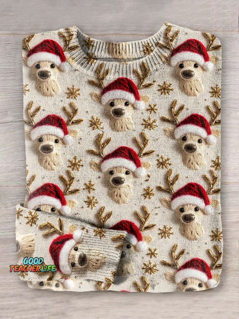 Christmas Santa Deer Art Print Knit Pullover Sweater