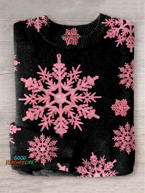 Christmas Pink snowflake Print Knit Pullover Sweater
