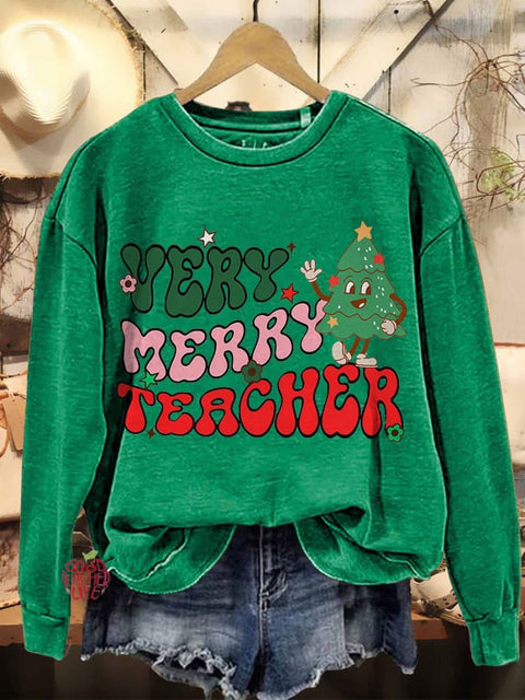 Merry Christmas Very Merry Teacher Casual Print Sweatshirt