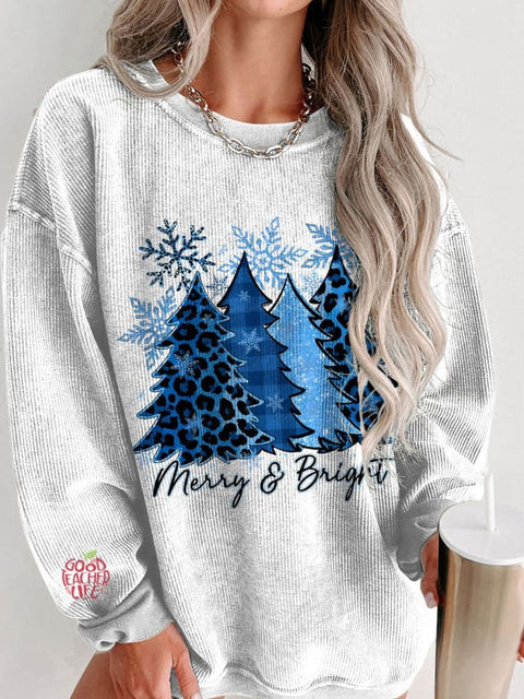 Women's Blue Christmas Trees Snowflake Merry and Bright Casual Print Corduroy Sweatshirt