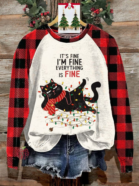 Christmas Funny Cat I‘m Fine Print Casual Sweatshirt