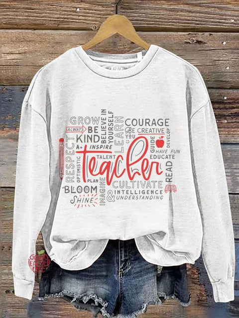 Teacher Word Art Casual Print Sweatshirt