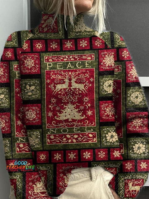 Retro Christmas Patchwork Print Knit Turtleneck Pullover Sweater