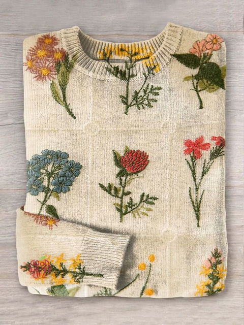 Floral Art Print Knit Pullover Sweater