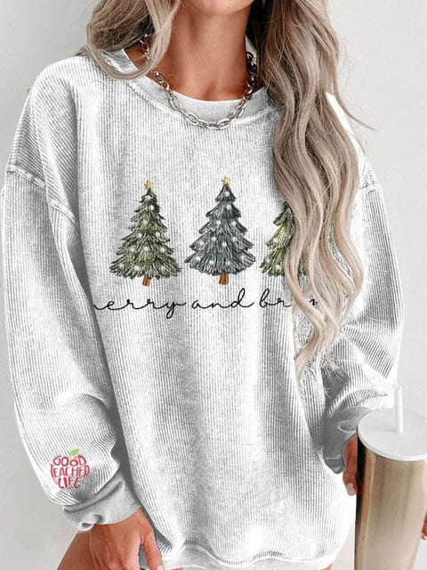 Women's Casual Christmas Tree Print Corduroy Sweatshirt