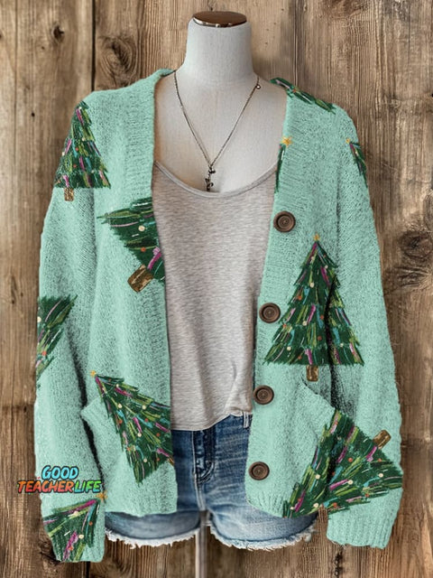 Christmas Tree Art Print Buttoned Cardigan Sweater