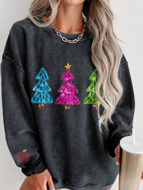 Women's Christmas Tree Casual Print Corduroy Sweatshirt