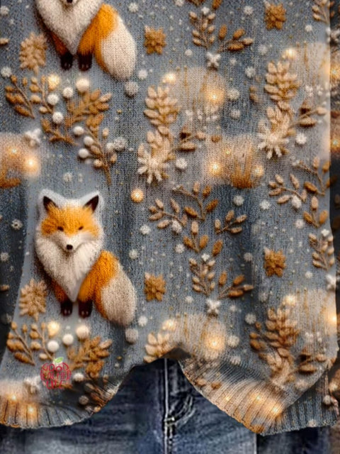 Christmas Gift Fox Art Print Knit Pullover Sweater