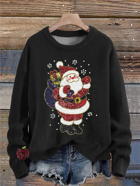 Christmas Jewelry Art Santa Claus Print Knit Pullover Sweater