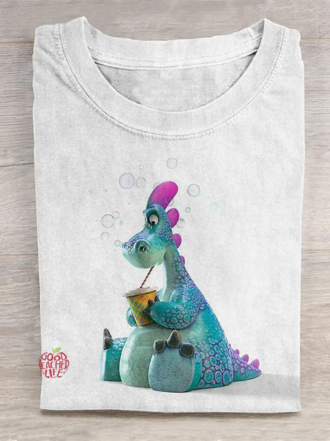 Blue Dragon Blowing Bubbles Cartoon Graphic Printed T-shirt