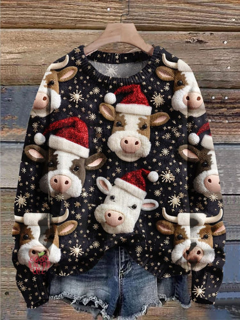 Christmas Gift Christmas Cow Art Print Knit Pullover Sweater