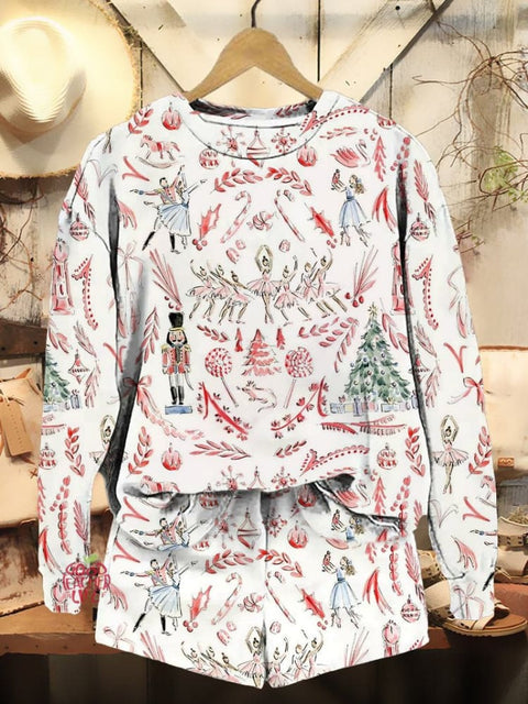 Women's Christmas Nutcracker Print Casual Sweatshirt Shorts Set