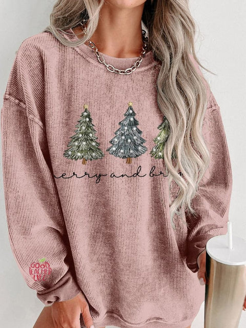 Women's Casual Christmas Tree Print Corduroy Sweatshirt