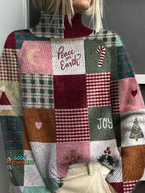 Retro Christmas Patchwork Print Knit Turtleneck Pullover Sweater