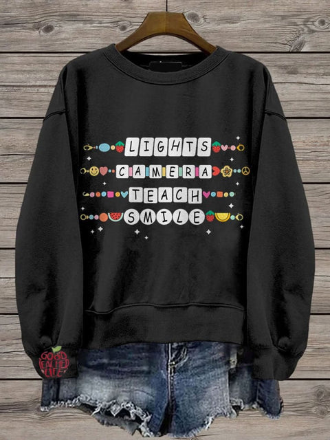 Lights Camera Teach Teacher Groovy Friendship Bracelet Casual Print Sweatshirt