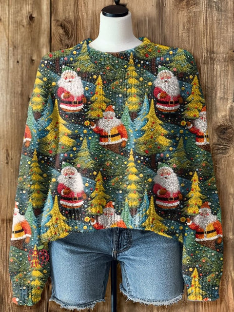 Women's Christmas Santa Art Print Casual Pullover Sweater