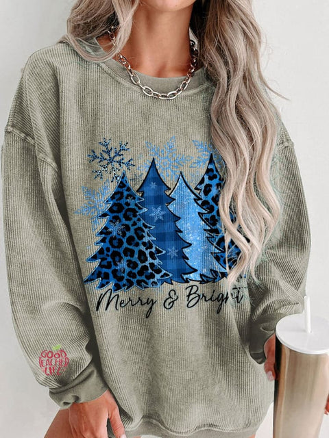 Women's Blue Christmas Trees Snowflake Merry and Bright Casual Print Corduroy Sweatshirt