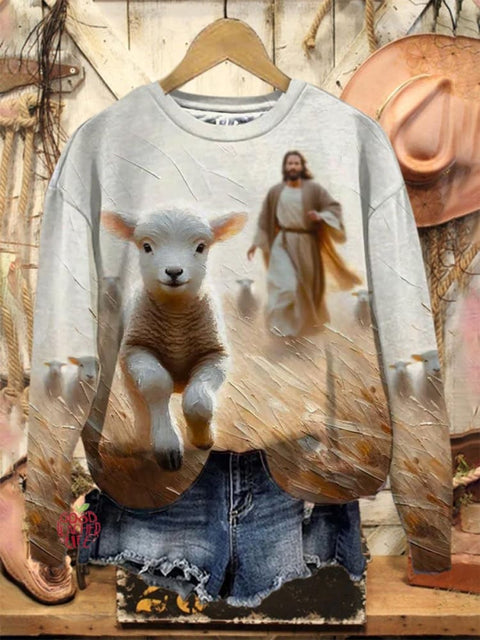 Women's Christian Jesus And Lamb Art Print Casual Sweatshirt