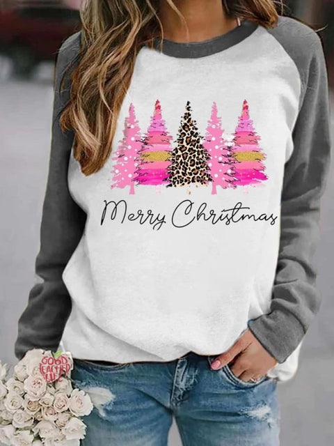 Women's Lovely Christmas Tree Art Print Casual Long Sleeve Sweatshirt