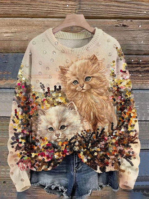 Cat  Print Knit Pullover Sweater