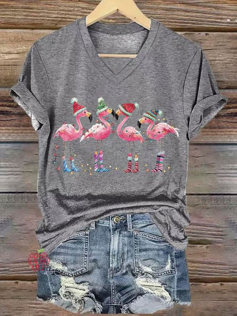 Women's Lovely Christmas Flamingo Art Print V-neck Casual T-Shirt