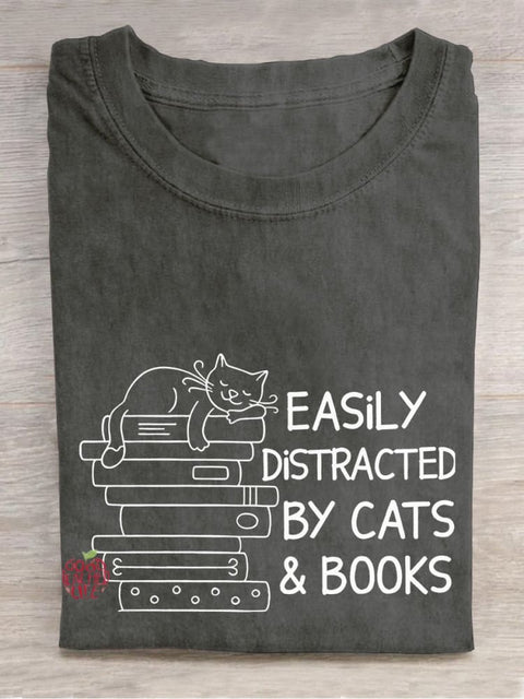 Easily Distracted By Cats And Books Teacher Casual Print T-shirt