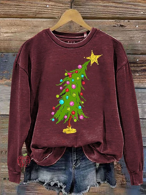 Cute Christmas Tree Print Casual Long Sleeve Sweatshirt