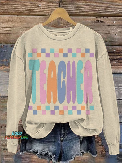 Retro Teacher Life Teacher Casual Print Sweatshirt