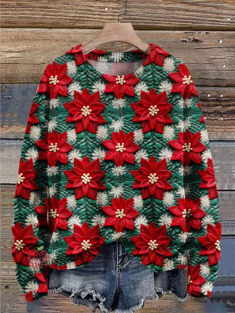 Christmas Gift Flower Pattern Art Print Knit Pullover Sweater