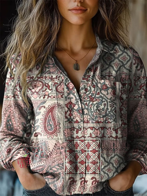 Women's Retro Paisley Floral Print Casual Long Sleeve Comfortable Cotton Shirt