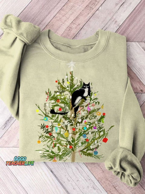 Funny Christmas Cat Tree Art Print Casual  Sweatshirt