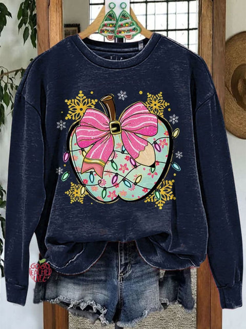 Colorful Glitter Apple Bow Teacher Merry Christmas Casual Sweatshirt