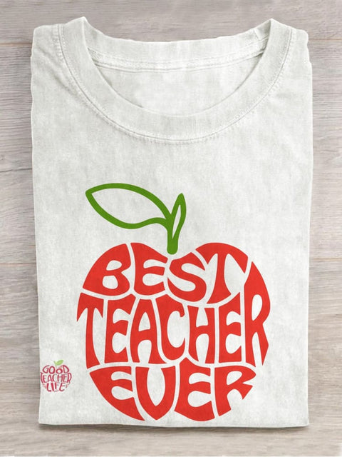 Best Teacher Ever Teach School Worker Apple Casual Print T-shirt