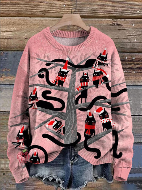 Christmas Cute Black Cats Art Pattern Print Casual Knit Pullover Sweater