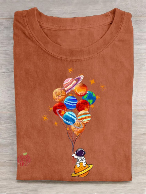 Space Balloon Astronaut Space Teacher Casual Print T-shirt