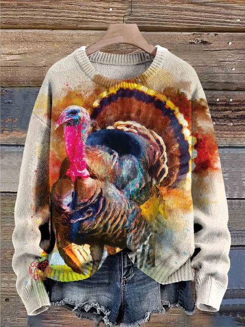 Christmas Turkey, Nature Art, Watercolor Style Art Crew Neck Fashion Retro Casual Printed Sweater