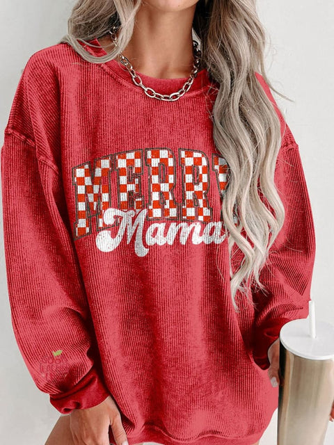 Women's Retro Checkered Christmas Mama Casual Print Corduroy Sweatshirt