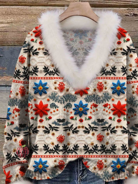 Christmas Print Knit Pullover Fur Collar Sweater